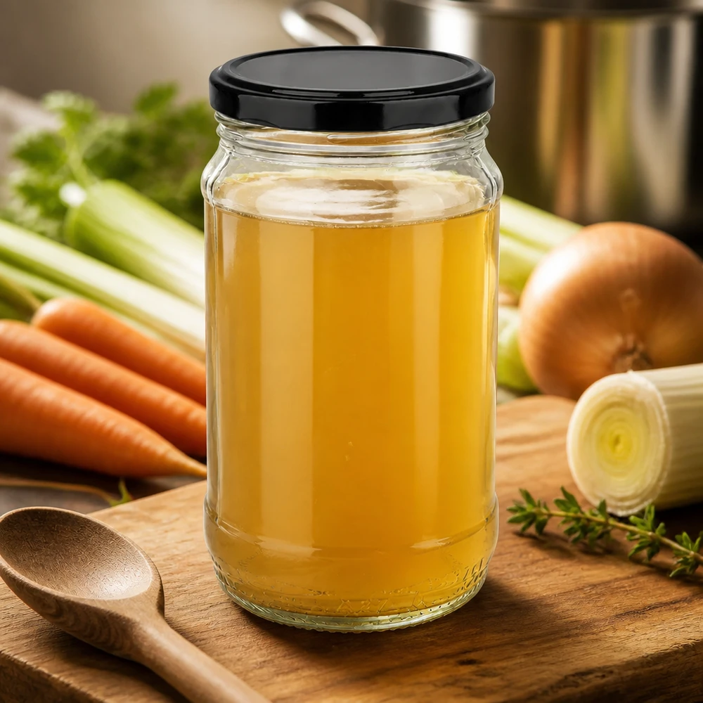 Vaso di vetro rotondo UNiTWIST da 370 ml con coperchio BasicSeal per la conservazione del brodo, con ingredienti da cucina sullo sfondo