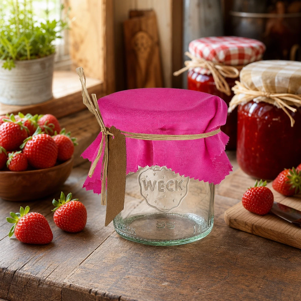 Centrino decorativo rosa di 12 cm di lato su un barattolo per conserve in una cucina rustica con fragole fresche e barattoli di marmellata