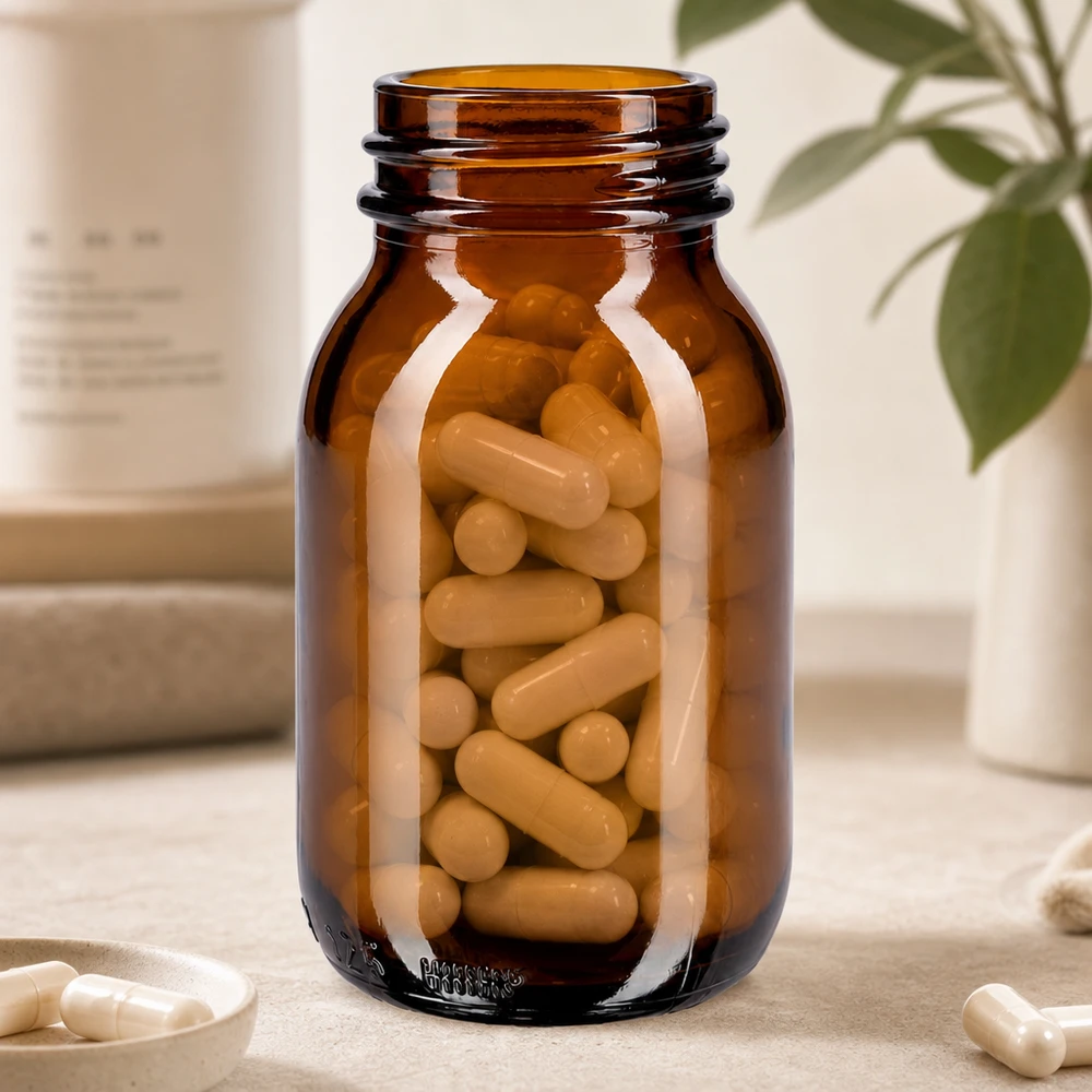 Bottiglia a collo largo da 125 ml in vetro ambrato Bottiglia a collo largo da 125 ml in vetro ambrato di alta qualità con protezione UV per gli integratori