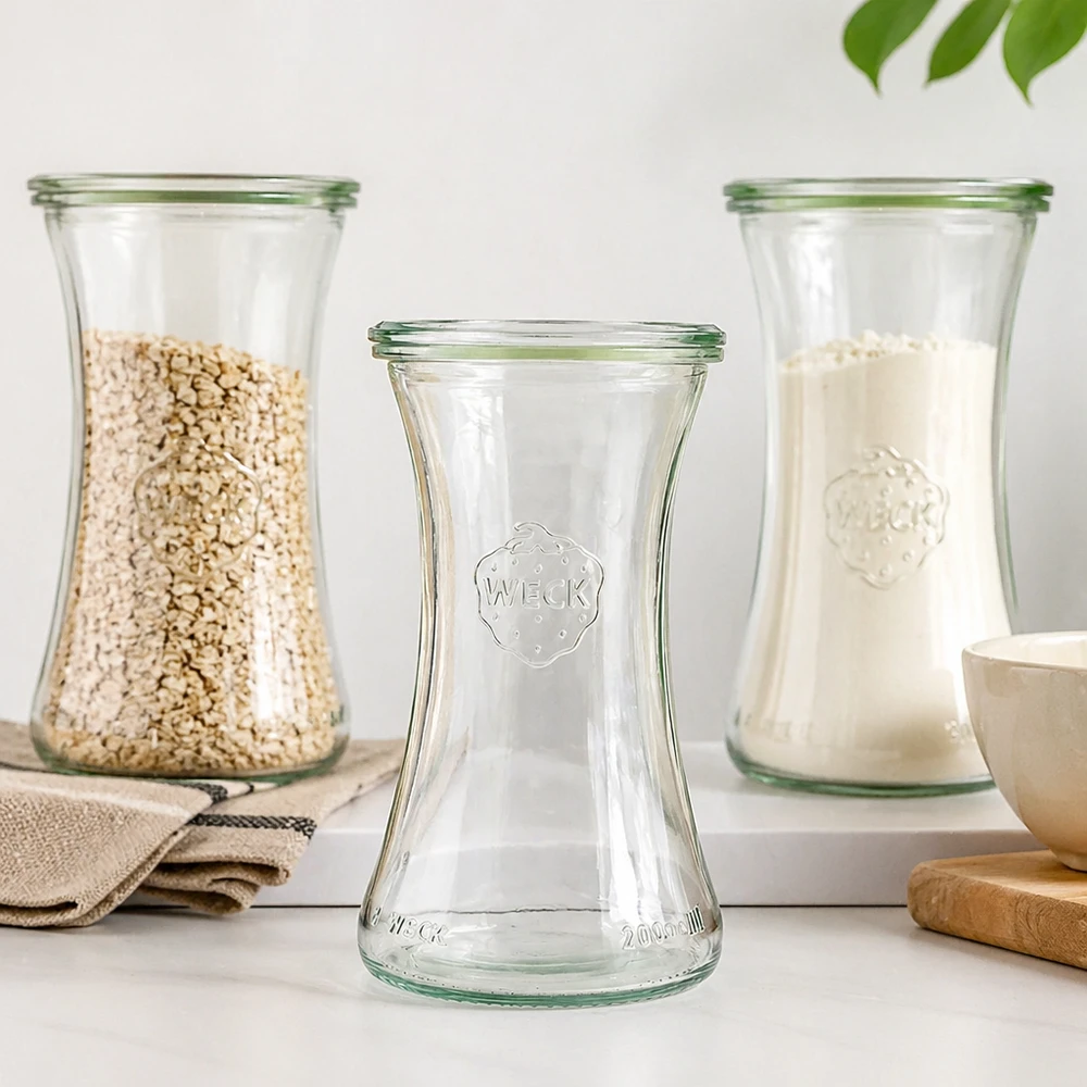 WECK RR60 vaso 200ml in ambiente cucina con vasi pieni e decorazioni naturali su un piano di lavoro bianco
