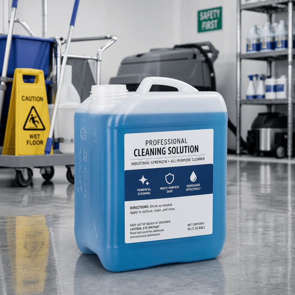Tanica 2,5 litri senza tappo Tanica trasparente in HDPE da 2,5 litri senza coperchio, contenente una soluzione detergente blu