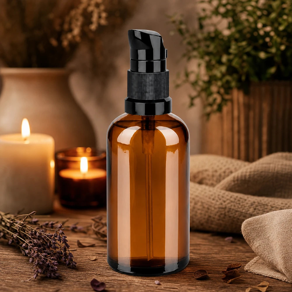 Flacone a pompa da 100 ml nero STD BrownLine UT18/100 Flacone a pompa riutilizzabile da 100 ml in vetro ambrato riciclabile con molla in acciaio inox