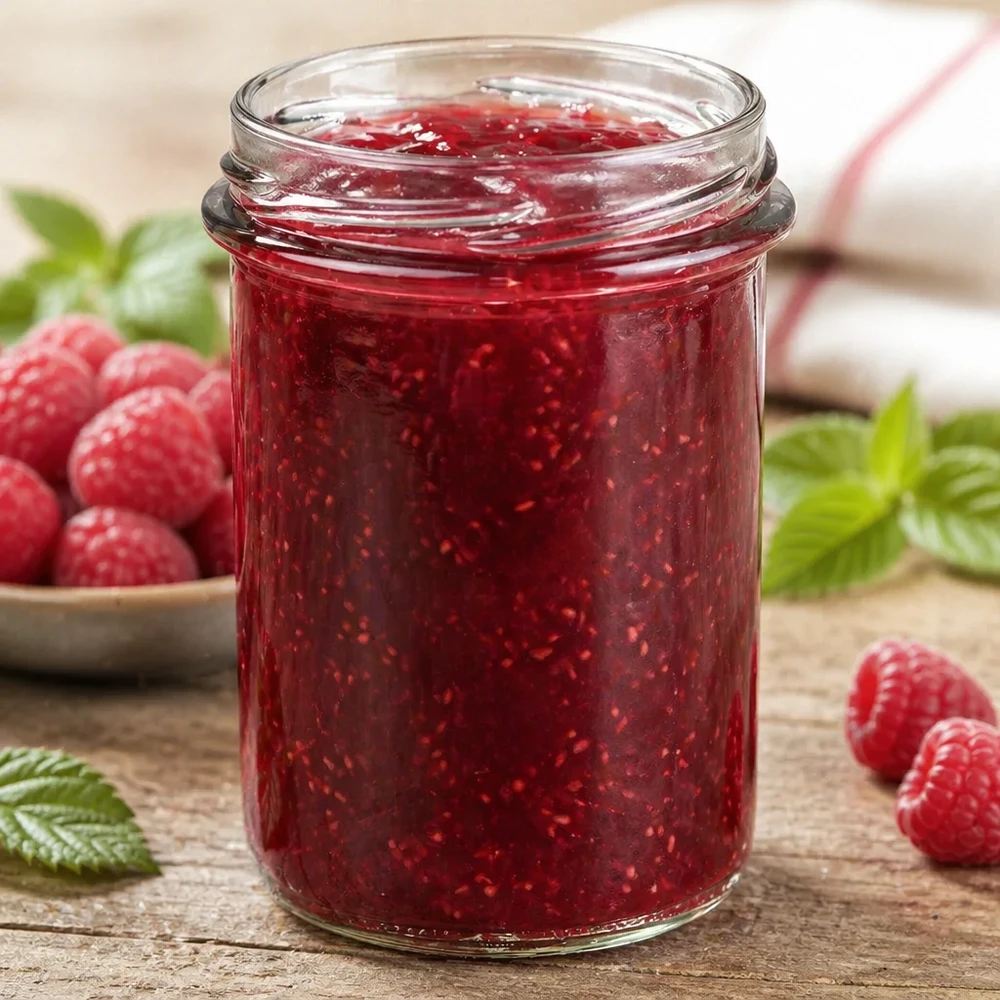 UNiTWIST Sturz230 - tumbler capacità 230ml TO66 Bicchieri UNiTWIST 230ml TO66 riempiti di marmellata rossa, circondati da lamponi freschi e foglie verdi