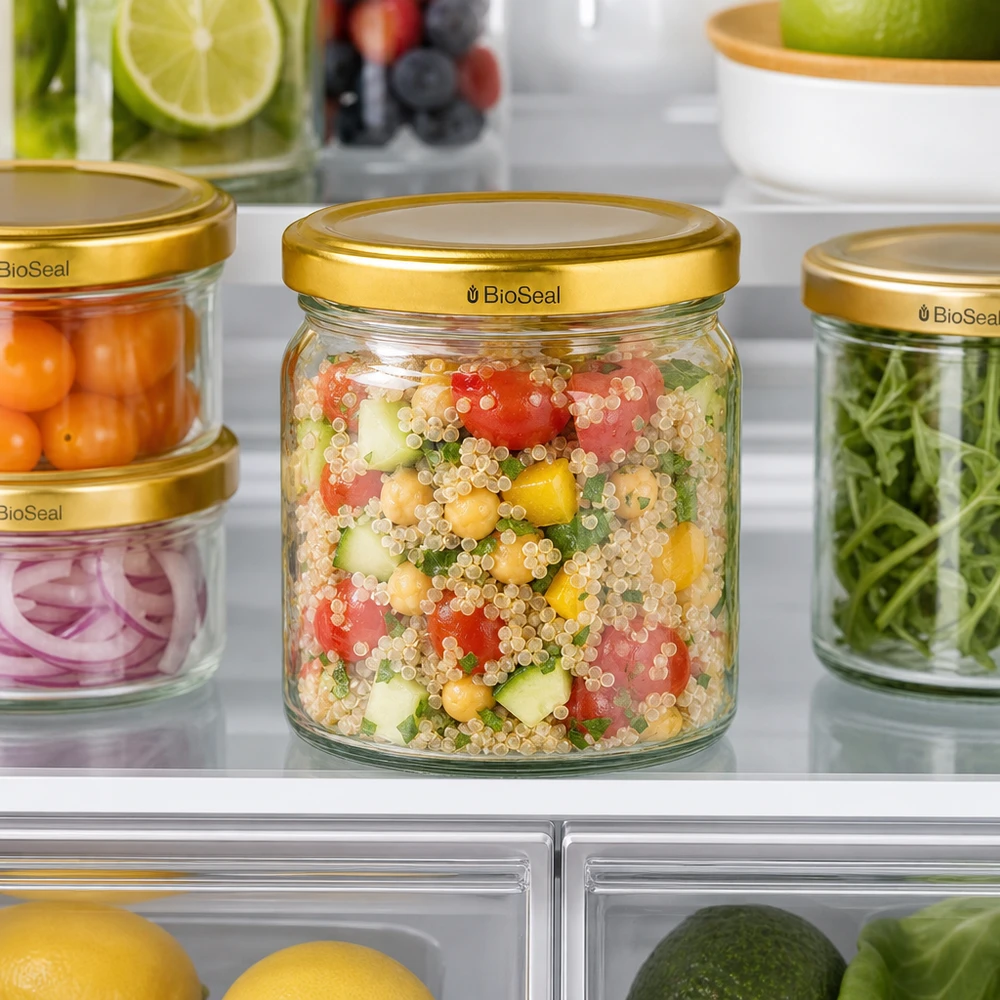 UNiTWIST Runda408 con coperchio dorato. Coperchio TO82 BioSeal UNiTWIST Runda408 Vorratsgläser mit goldenen TO82 BioSeal Deckeln im Kühlschrank - praktische Aufbewahrung von Salat