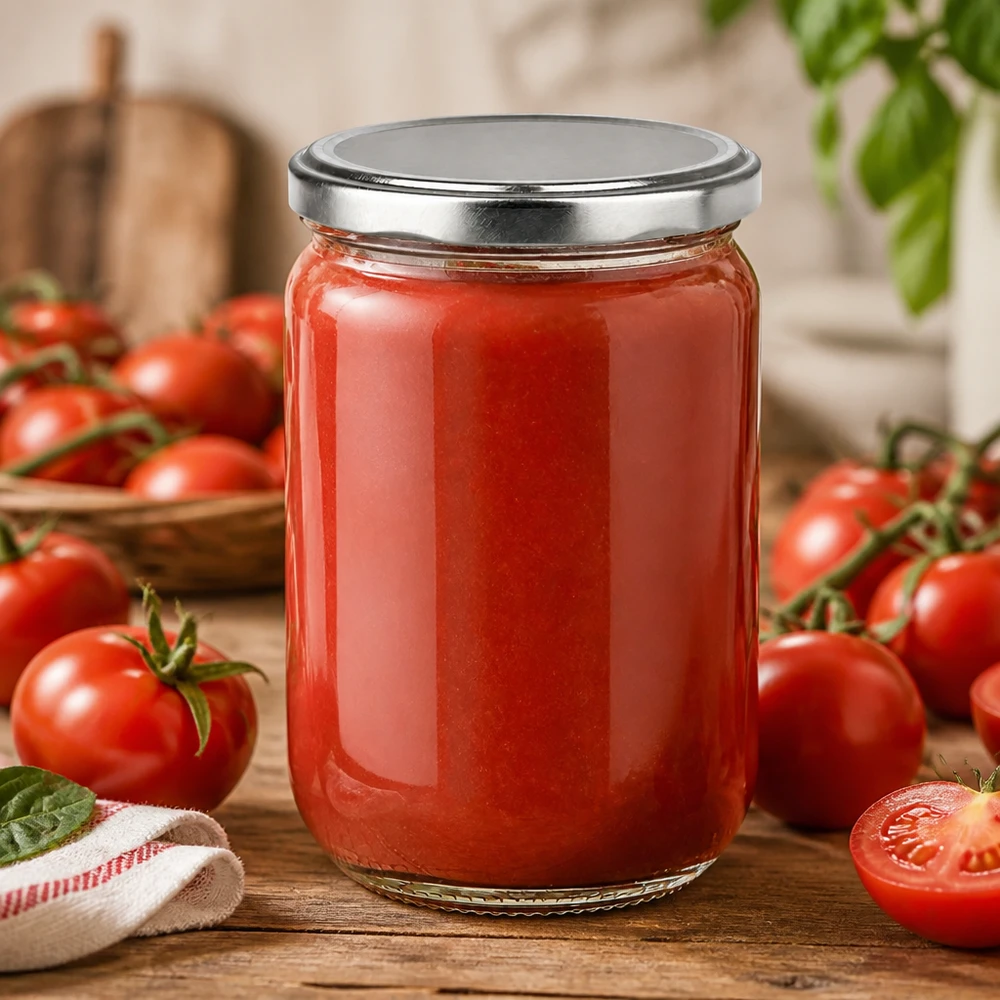 Contenitore in vetro UNiTWIST da 555 ml con concentrato di pomodoro e coperchio BasicSeal argentato su base in legno