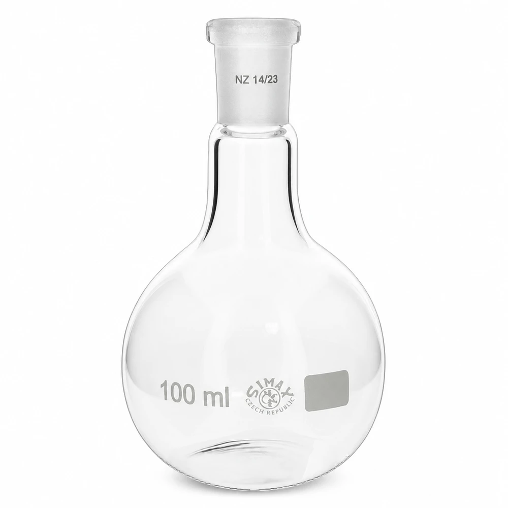 Matraccio da 100ml con giunto standard smerigliato (14/23) Fiaschetta compatta da 100 ml a fondo tondo con snodo macinato standard, ideale per piccoli lotti