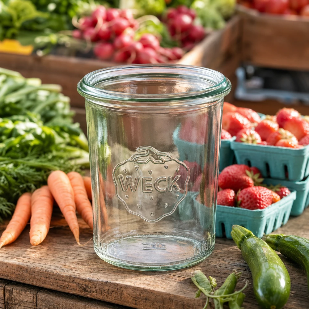 Bicchieri in vetro trasparente WECK da 160 ml RR60 su un tavolo di legno circondato da frutta e verdura fresca