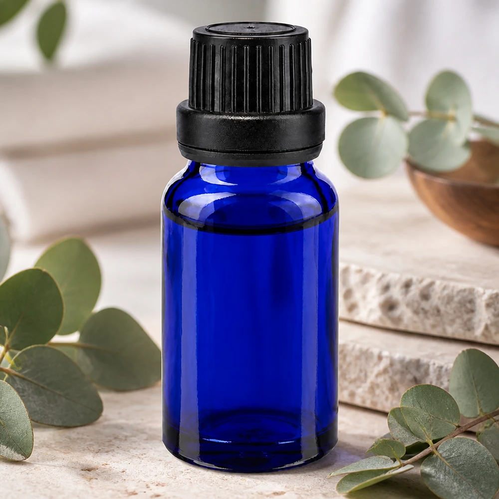 Flacone contagocce blu da 10ml OV nero/2mm ApoGlas Flacone in vetro da 10 ml color blu cobalto con tappo a vite nero e anello di sicurezza per cosmetici naturali