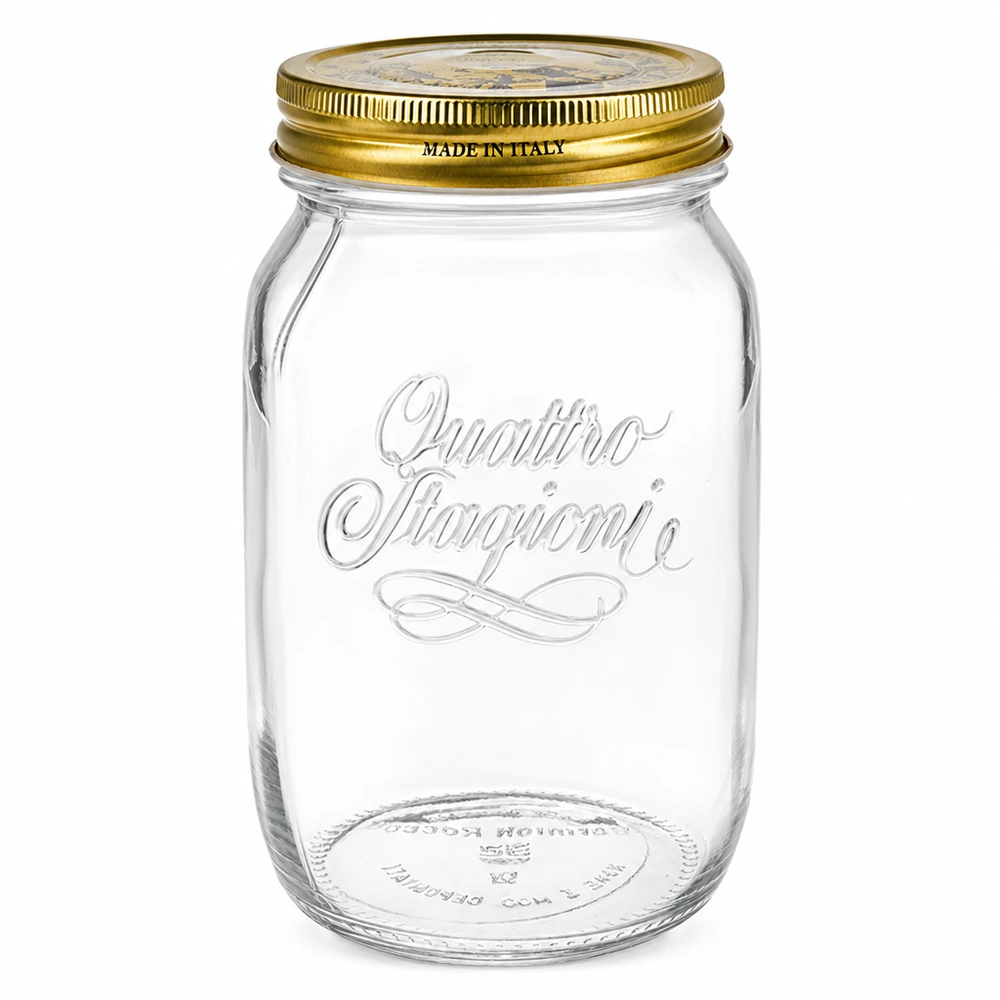 Barattolo rotondo "Quattro Stagioni" da 1000 ml con coperchio Barattolo rotondo Quattro Stagioni da 1000 ml con coperchio a vite dorato Made in Italy Barattolo da conserva vuoto