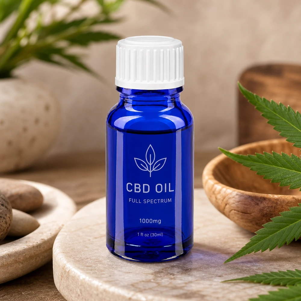 Flacone contagocce blu da 10 ml in vetro da farmacia con tappo a vite bianco per olio di CBD