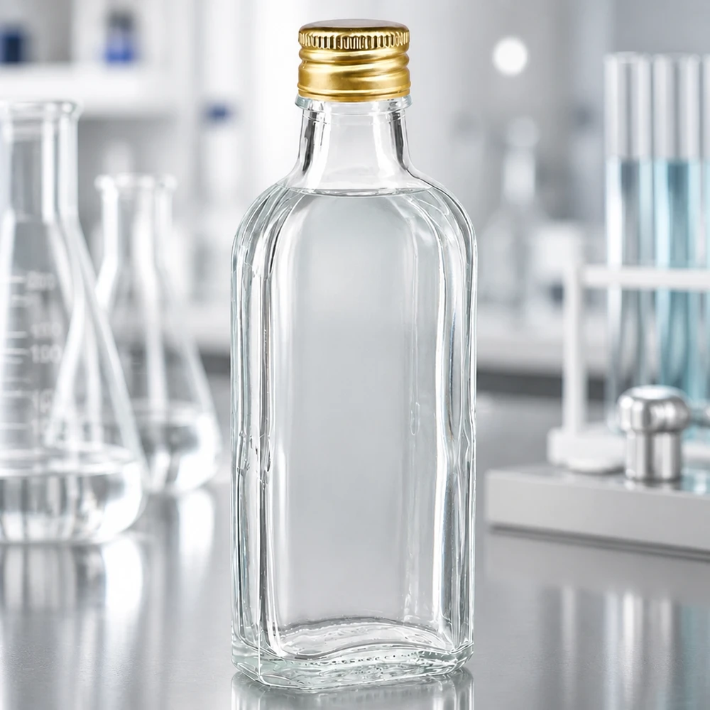Flacone di vetro Meplat trasparente da 100 ml con tappo a vite in alluminio dorato PP22 su un banco da laboratorio
