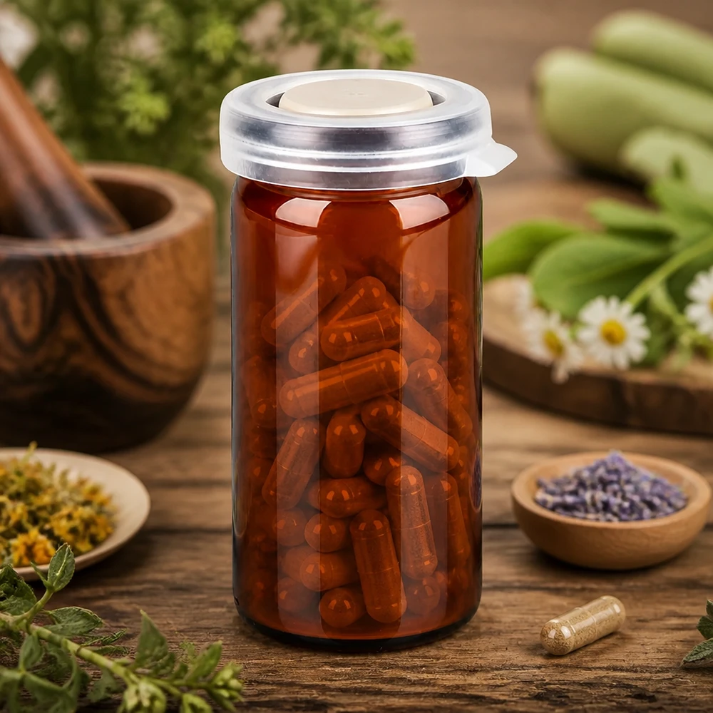 Piccolo flacone per compresse da 10 ml in vetro marrone con protezione UV e tappo di sicurezza in plastica