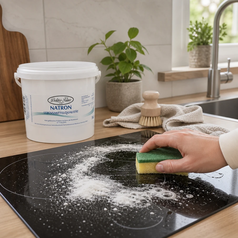 5 kg di bicarbonato di sodio Doctor Klaus Secchio Natron Doctor Klaus da 5 kg per la pulizia del piano cottura in ceramica con spugna nella cucina moderna