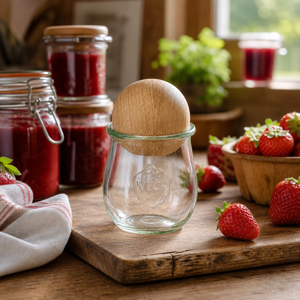 WECK vaso a tulipano RR60 220ml in cucina rustica con fragole e barattoli di marmellata, dettaglio coperchio a sfera in faggio