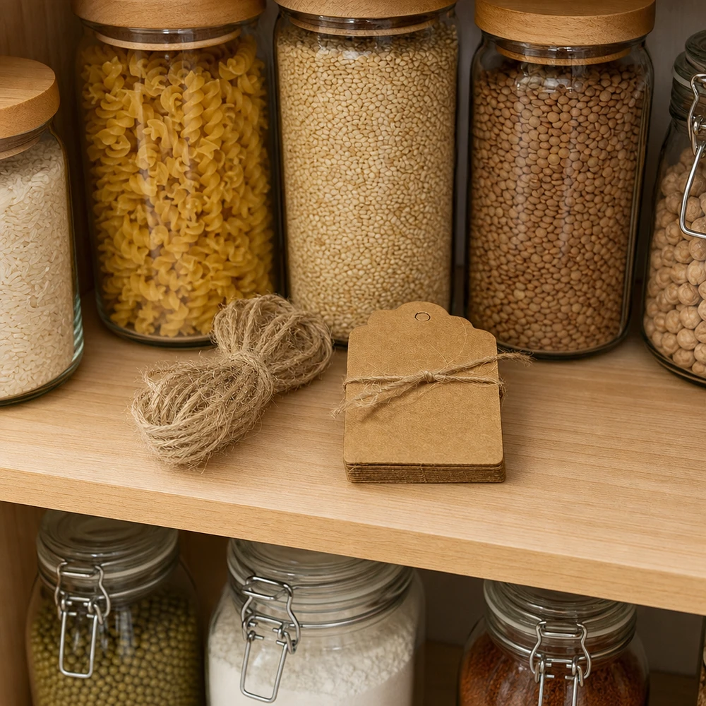 Cucina organizzata con barattoli di stoccaggio ed etichette in carta kraft marrone 30x50 mm per etichettare i barattoli di stoccaggio