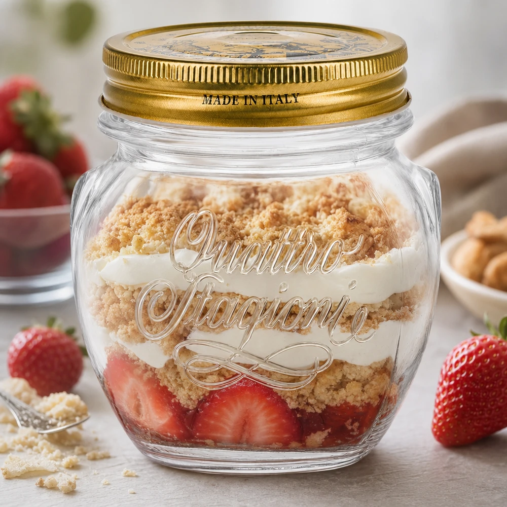 Quattro Stagioni Bicchiere rotondo da 300 ml con coperchio dorato riempito con un dessert a strati di fragole e zuccherini Made in Italy