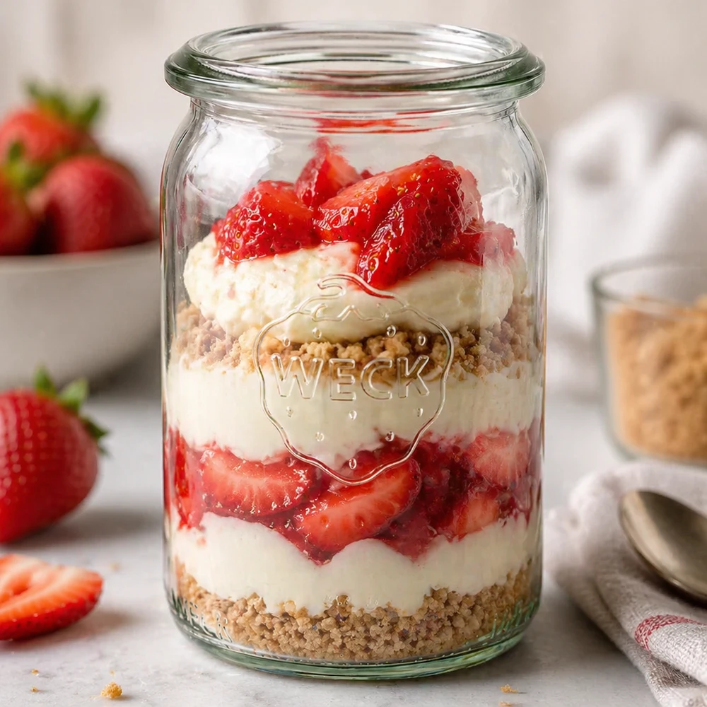 Vaso cilindrico WECK RR40 da 145 ml come vaso da dessert con fragole, panna e zuccherini disposti sul bancone della cucina