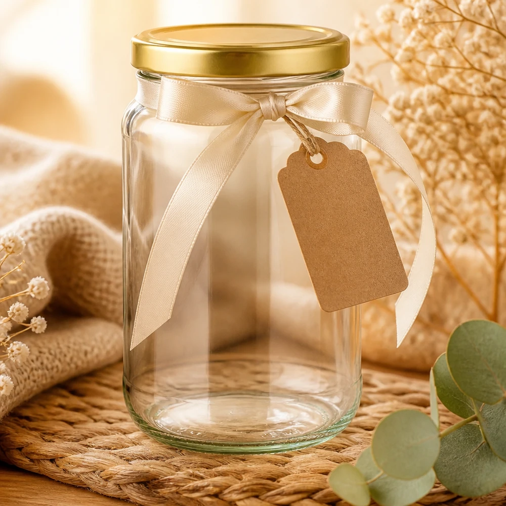 Vaso rotondo da 1700 ml con coperchio BasicSeal oro UNiTWIST 1700ml Rundglas mit goldenem BasicSeal Deckel dekorativ arrangiert mit Schleife und Anhänger als Geschenkidee