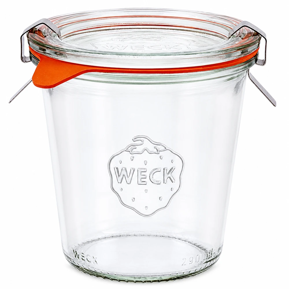 Bicchieri WECK da 290 ml RR80 con coperchio in vetro, anello in gomma e fascette per conservare e inscatolare