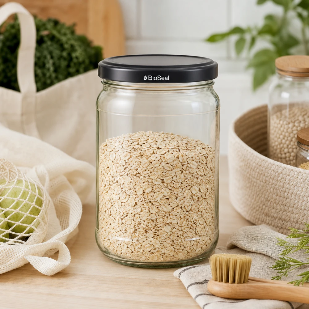 UNiTWIST Runda305 con coperchio nero. TO63 Coperchio BioSeal UNiTWIST Runda305 Vorratsglas mit Haferflocken gefüllt zeigt praktische Küchenorganisation mit schwarzem BioSeal Deckel