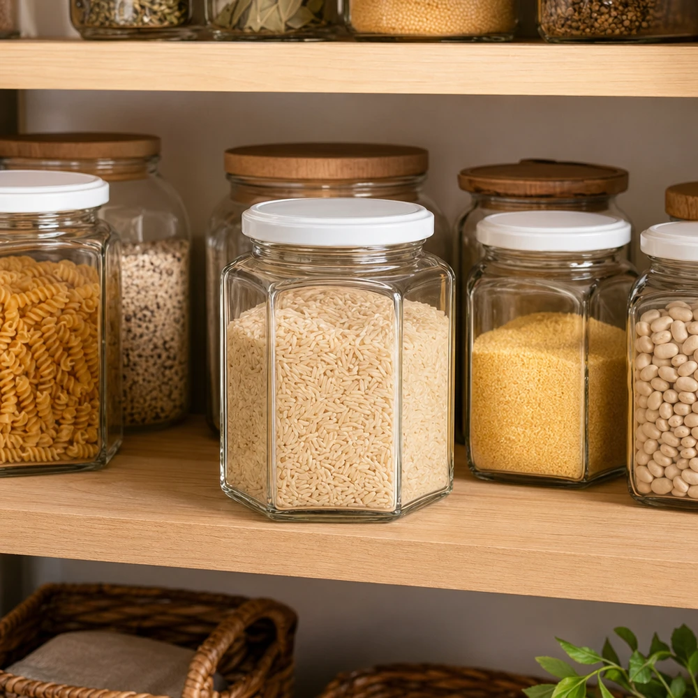 Vasetto per miele da 400 g con capsula bianca BasicSeal UNiTWIST Vasetto di miele esagonale da 400 g in una cucina organizzata e riempito di riso tra altri vasetti su una mensola di legno