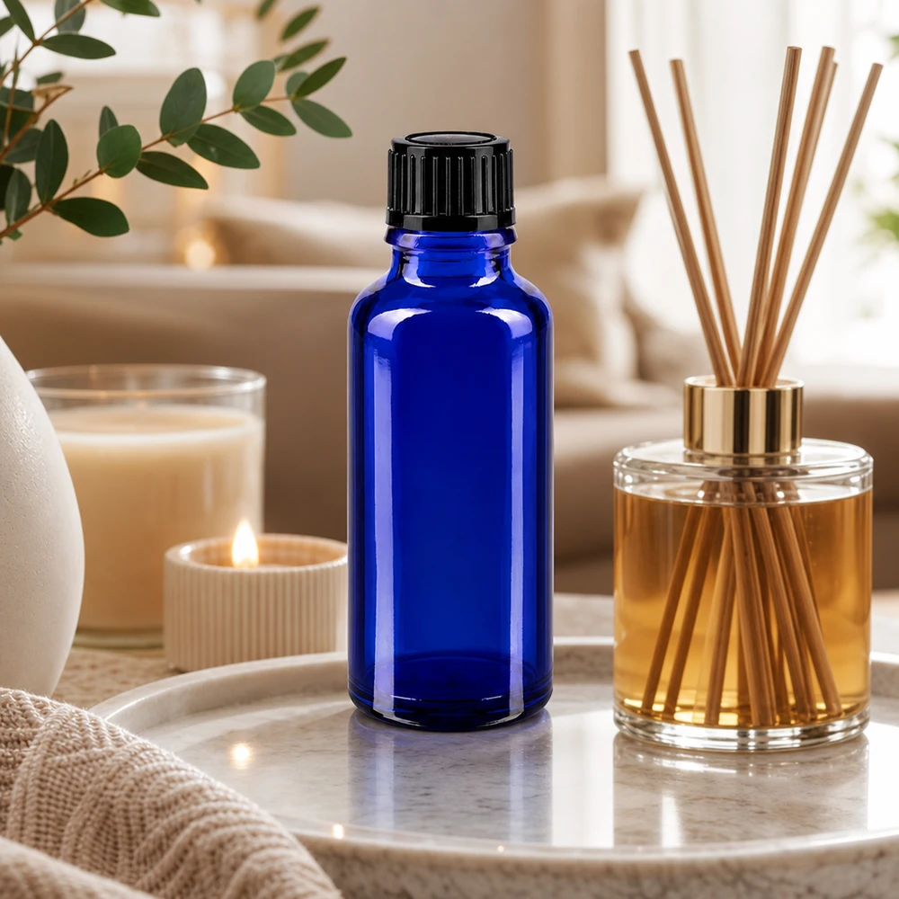 Bottiglia da farmacia blu da 30ml. SV STD nero/11mm ApoGlas Flacone da farmacia blu da 30 ml con tappo nero accanto a un diffusore a bastoncini su un vassoio di marmo