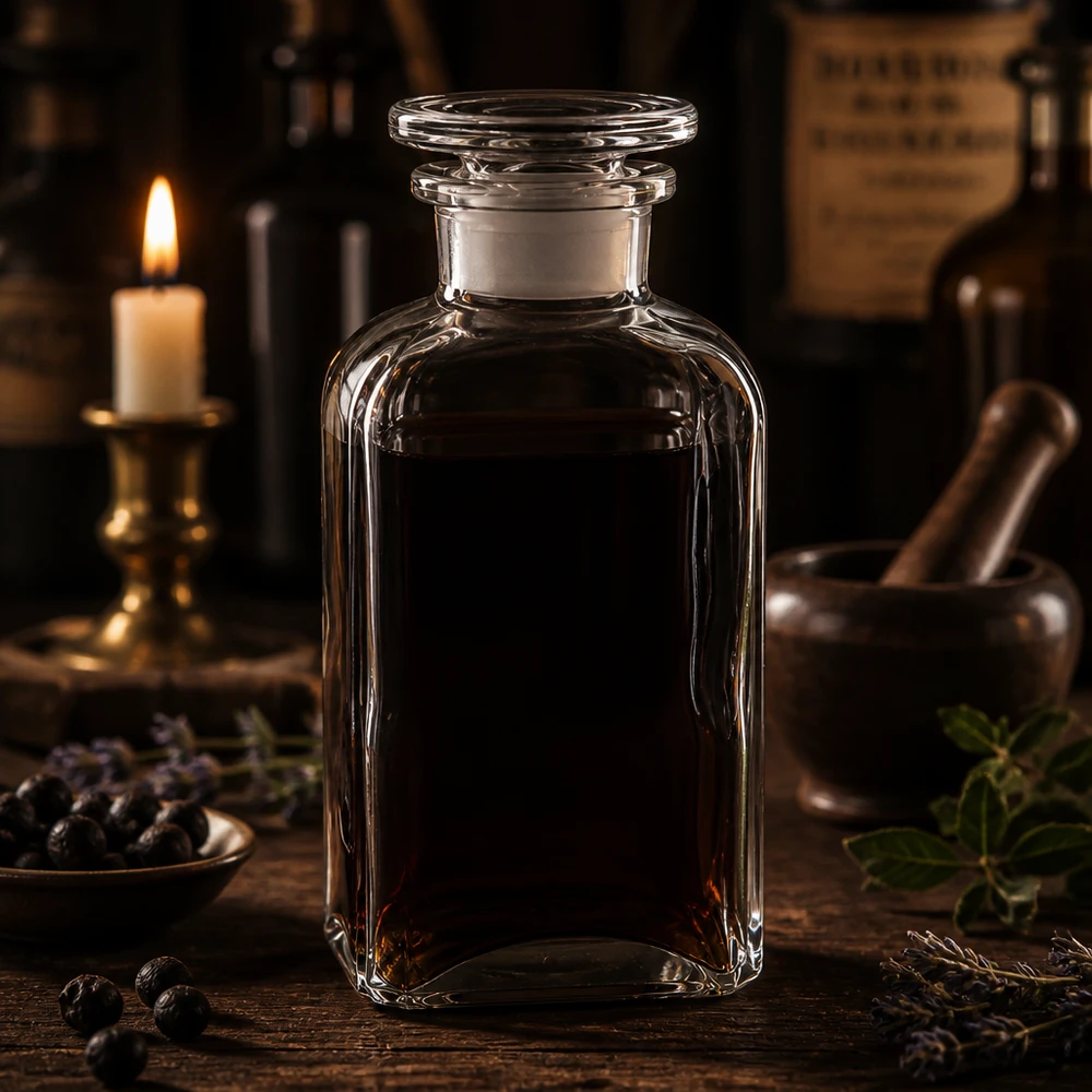 Fiaschetta da farmacia da 250 ml, quadrata, in vetro trasparente con tappo di vetro, circondata da erbe aromatiche e da una candela