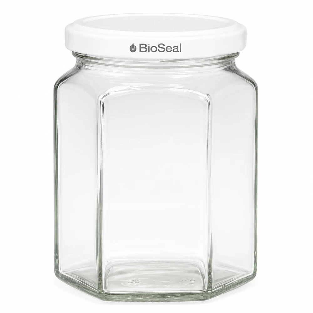 UNiTWIST Hexa288 con coperchio bianco TO63 BioSeal UNiTWIST Hexa288 barattolo esagonale per conserve con coperchio bianco TO63 BioSeal per marmellate e conserve