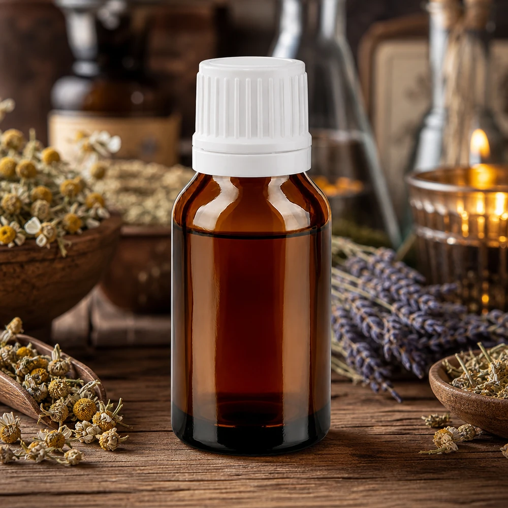 Flacone da 15 ml in vetro ambrato con tappo contagocce bianco per olio essenziale, accanto a camomilla essiccata e lavanda