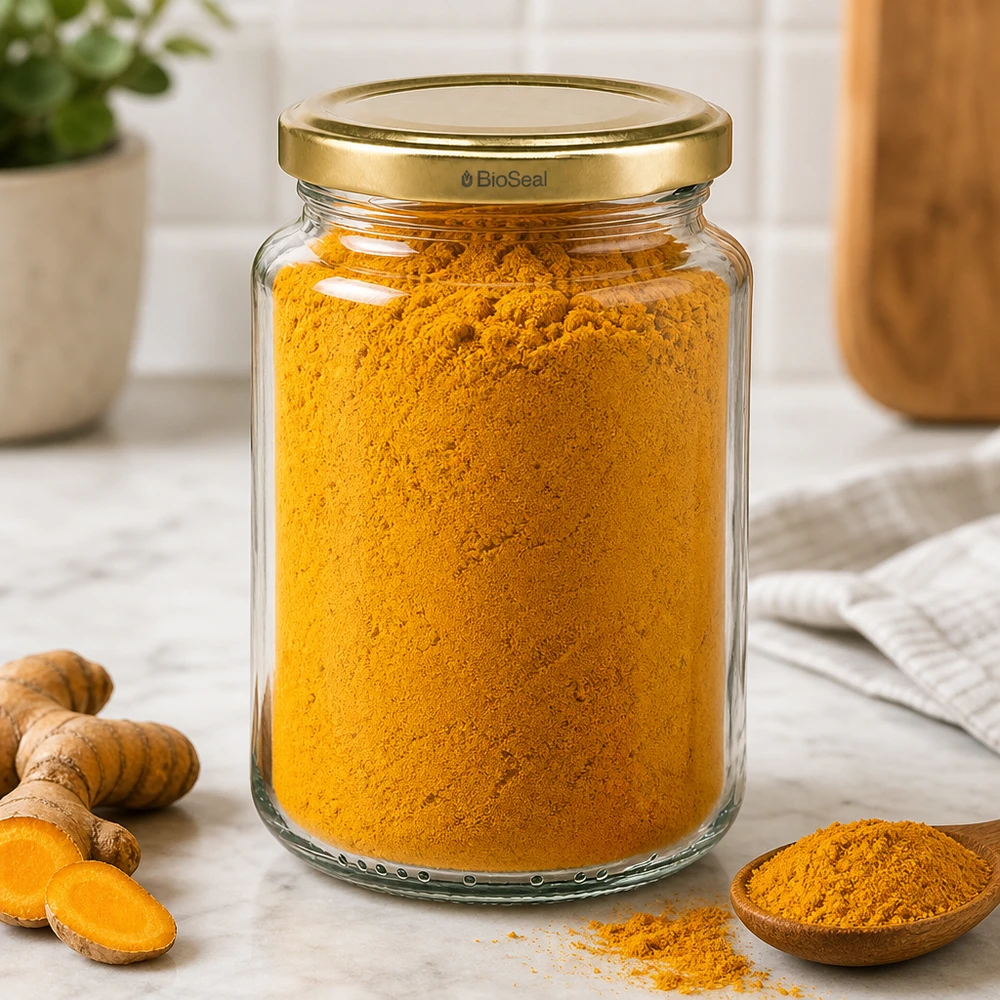 UNiTWIST Runda382 con coperchio dorato TO66 BioSeal UNiTWIST Runda382 barattolo per spezie pieno di curcuma, coperchio dorato TO66 BioSeal, tavolo da cucina con spezie fresche
