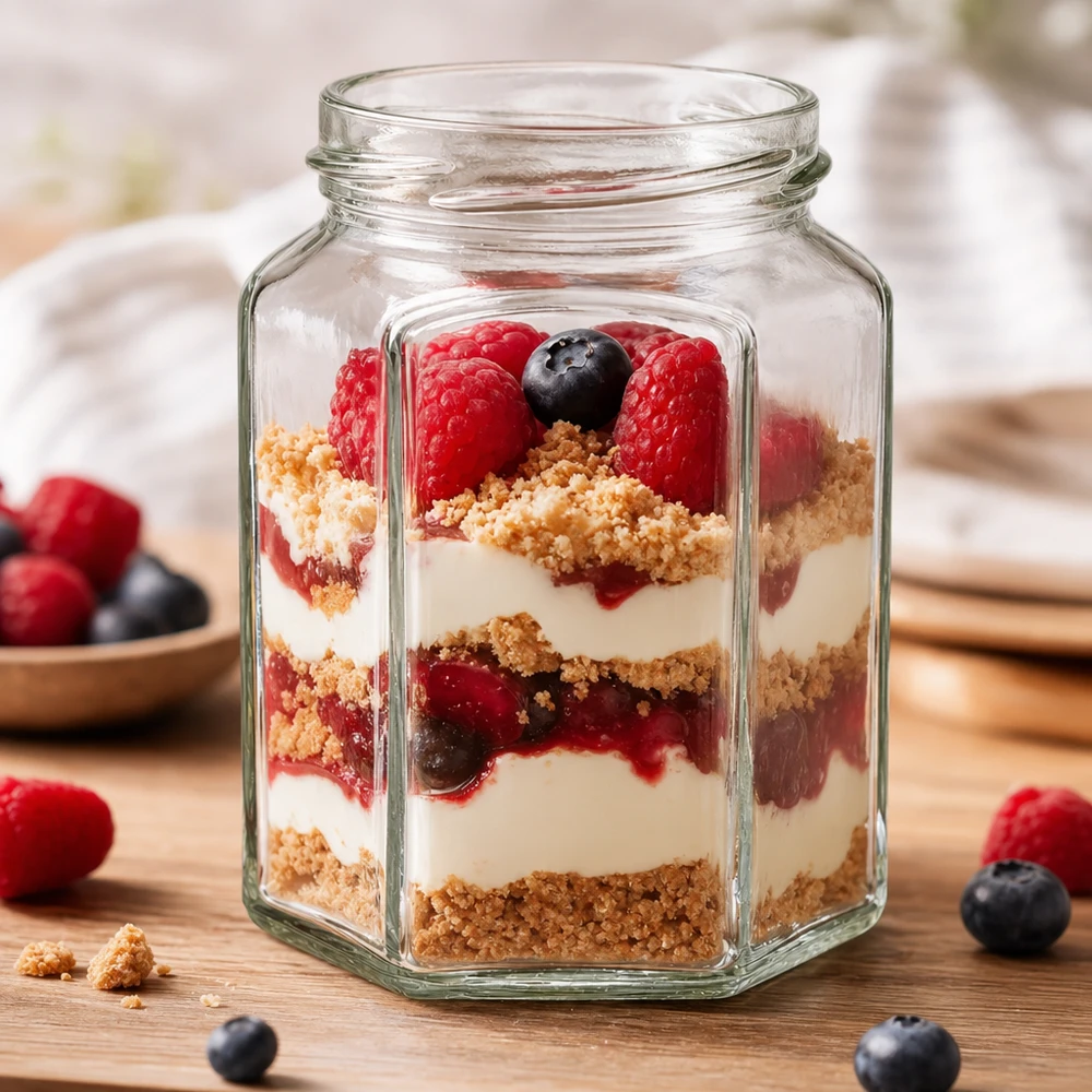 UNiTWIST Hexa288 - Vaso a 6 angoli capacità 288ml TO63 Sechseckiges Einmachglas 288ml mit Dessert-Schichtung aus Beeren und Creme - perfekt für Mason Jar Rezepte und Aufbewahr