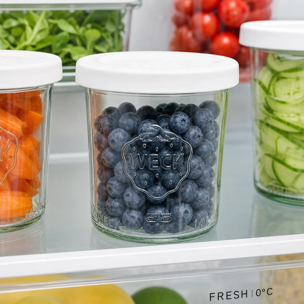 Bicchieri WECK 140ml RR60 con mirtilli in frigorifero - ideali per mantenere freschi frutta e alimenti