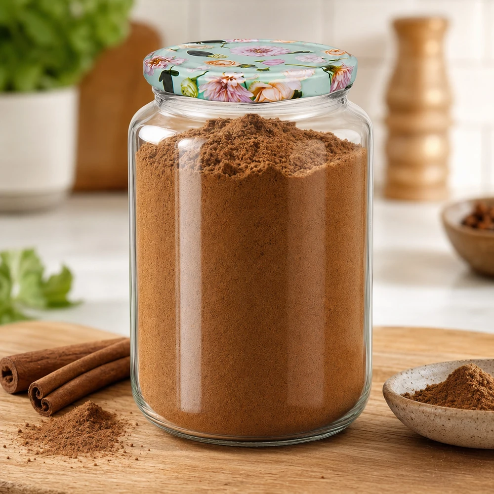 795ml vaso rotondo + coperchio BasicSeal flower mint UNiTWIST Barattolo rotondo da 795 ml con coperchio a forma di fiore di menta, riempito di cannella in polvere, bastoncini di cannella e ciotola su una tavola di legno accanto ad esso.