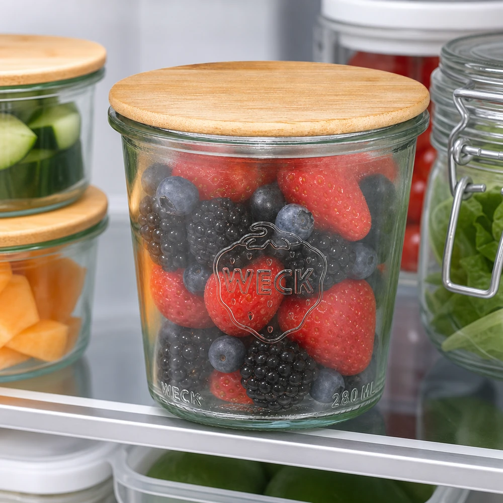 Bicchieri alti da 290 ml WECK RR80 con coperchio in legno WECK tumbler 290ml RR80 con coperchio in legno riempito di bacche fresche nel barattolo di conservazione del frigorifero
