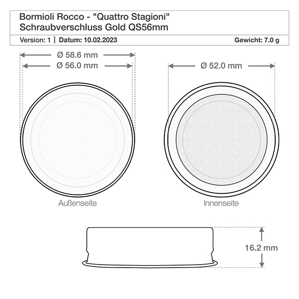 Barattolo rotondo da 150 ml "Quattro Stagioni" con coperchio Disegno tecnico Bormioli Rocco Quattro Stagioni tappo a vite oro QS56mm con dimensioni e peso