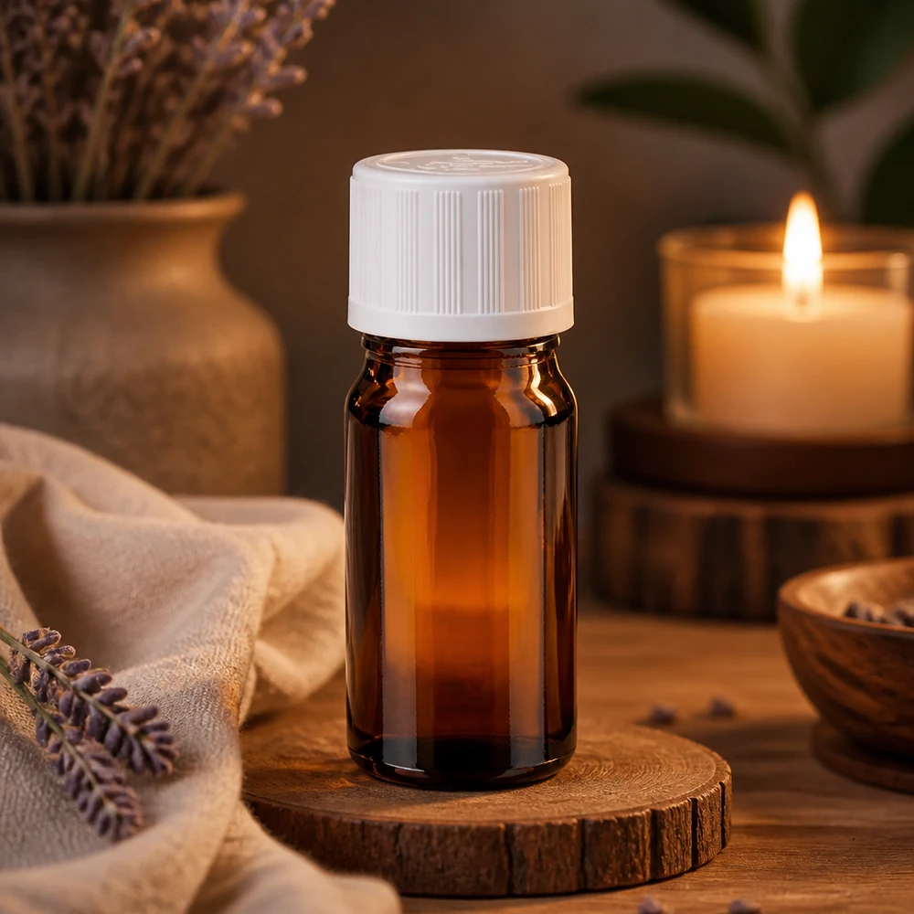 Fialetta di vetro marrone da 5 ml con tappo di sicurezza bianco, davanti a una candela e una decorazione di lavanda
