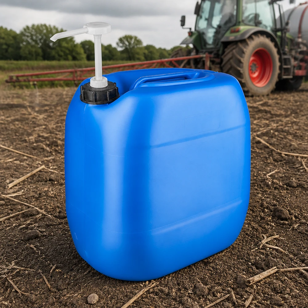 Tanica 30 litri blu con pompa dosatrice Tanica blu da 30 litri con pompa dosatrice in un campo agricolo davanti a un trattore Fendt verde