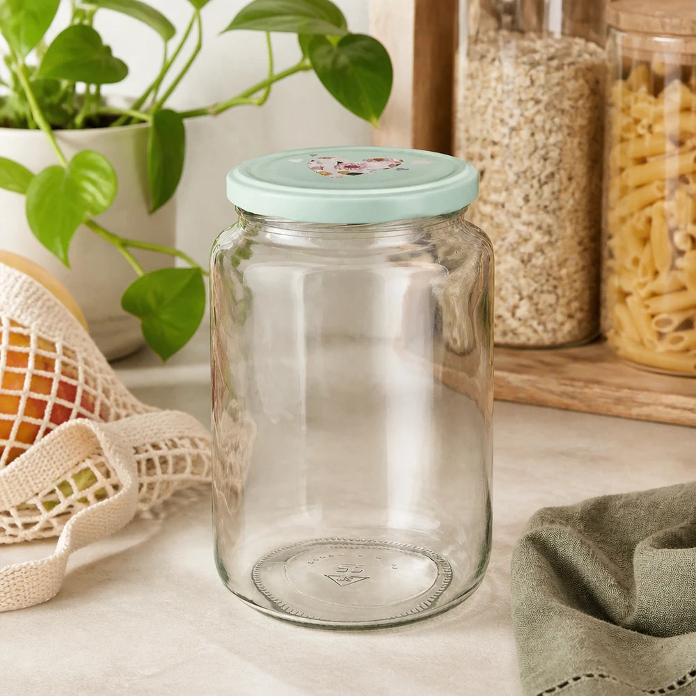 795ml vaso rotondo + coperchio BasicSeal cuore menta UNiTWIST Barattolo rotondo da 795 ml con coperchio a forma di cuore BasicSeal alla menta sul bancone della cucina, accanto a contenitori e a una pianta verde.