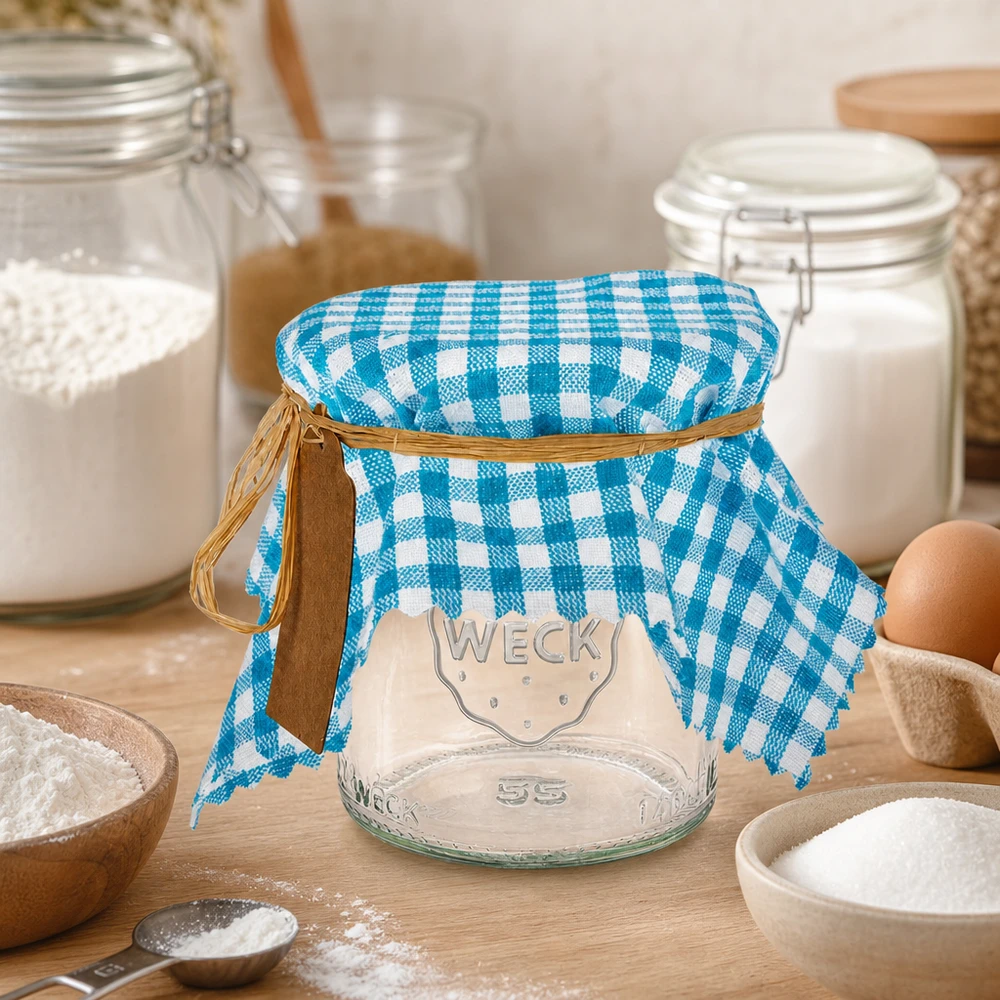 Centrino in tessuto turchese a scacchi in cucina con barattolo, farina e ingredienti da forno come attrezzatura da cucina