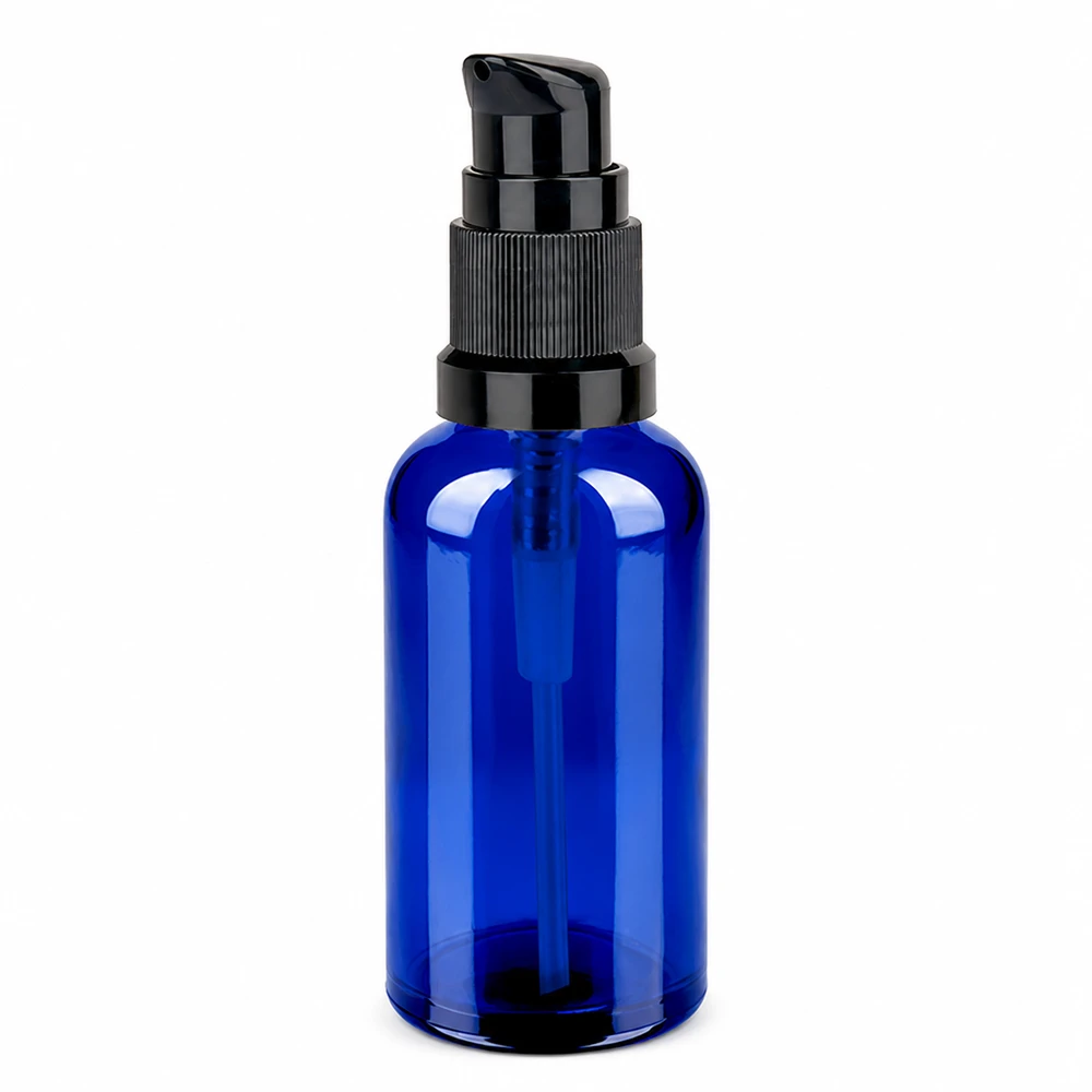 Flacone a pompa da 50 ml nero STD BlueLine UT18/50 Flacone a pompa blu premium da 50 ml con protezione UV ed erogatore nero STD BlueLine UT18/50