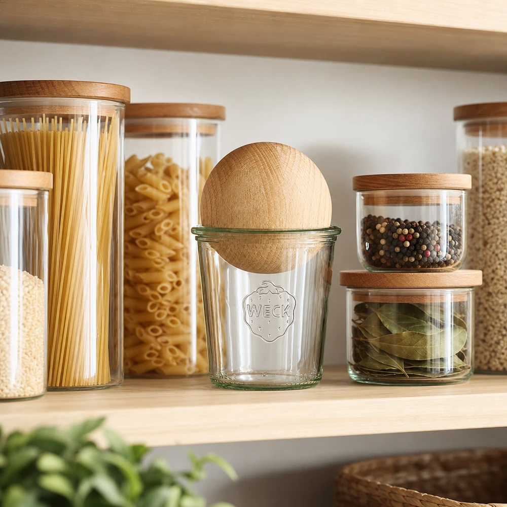 Bicchieri alti da 290 ml WECK RR80 con sfera in legno di faggio Barattolo WECK 290ml RR80 con sfera in legno di faggio in dispensa organizzata tra i contenitori per spezie e pasta
