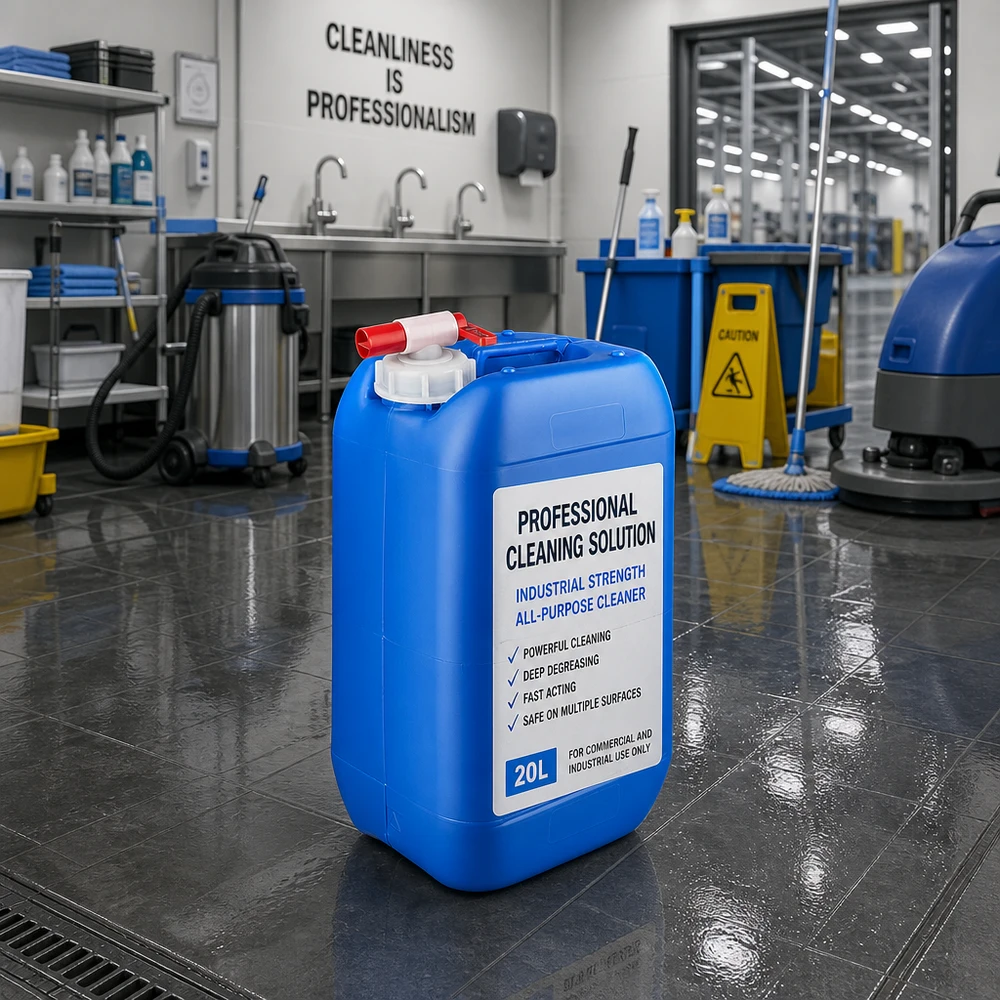 Tanica 15 litri blu con rubinetto di scarico Tanica blu da 15 litri con rubinetto di scarico, utilizzata nel settore della pulizia professionale