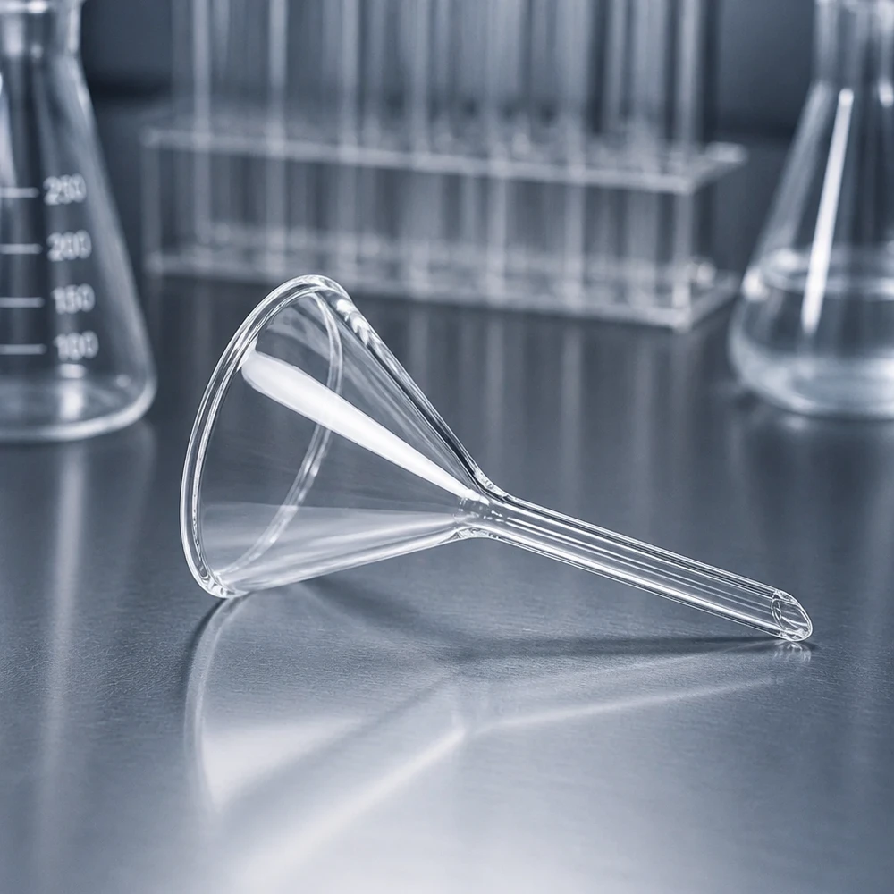 Imbuto Ø 45 mm in borosilicato angolo 60 stile corto Imbuto in vetro borosilicato resistente al calore di 45 mm di diametro per decantare in modo sicuro in laboratorio