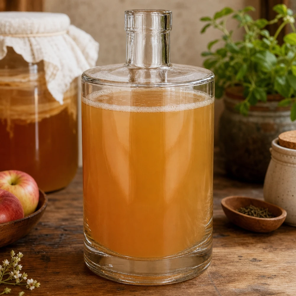 Bottiglia in vetro da 700 ml Marie senza tappo UNiTWIST® 700ml Glasflasche Marie mit goldener Flüssigkeit befüllt in rustikaler Küche neben Äpfeln und Gewürzen dekoriert