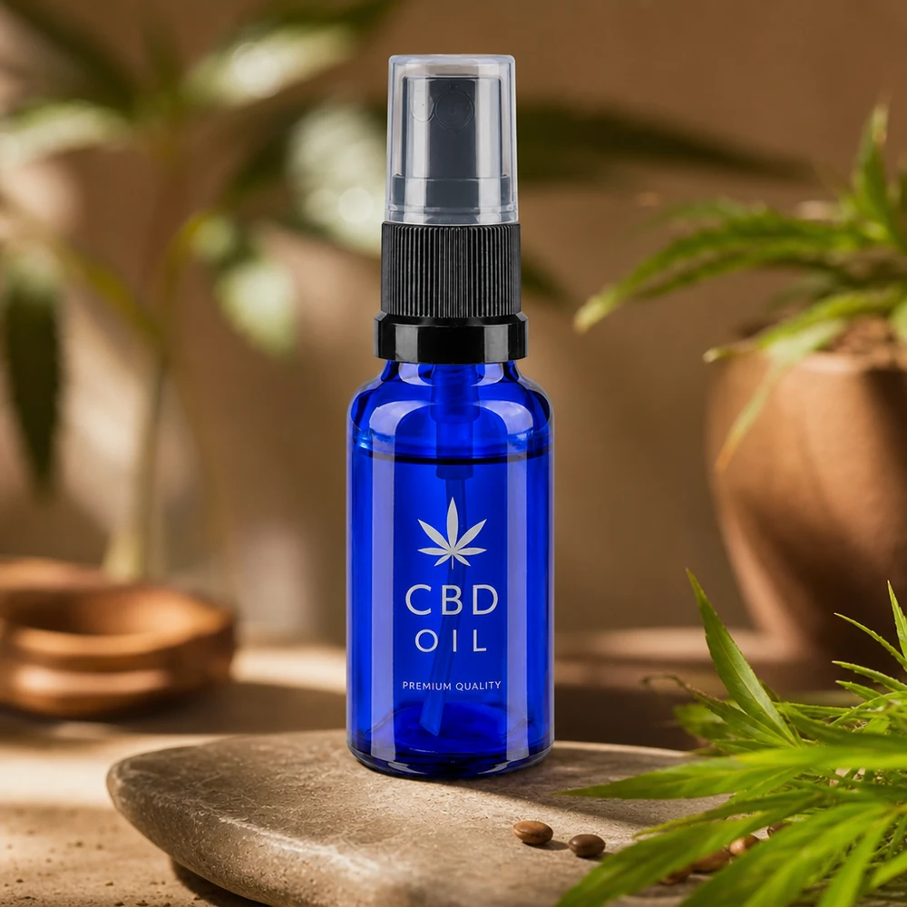 Flacone da 20 ml in vetro da farmacia blu con erogatore a spruzzo per olio al CBD e cosmetici naturali