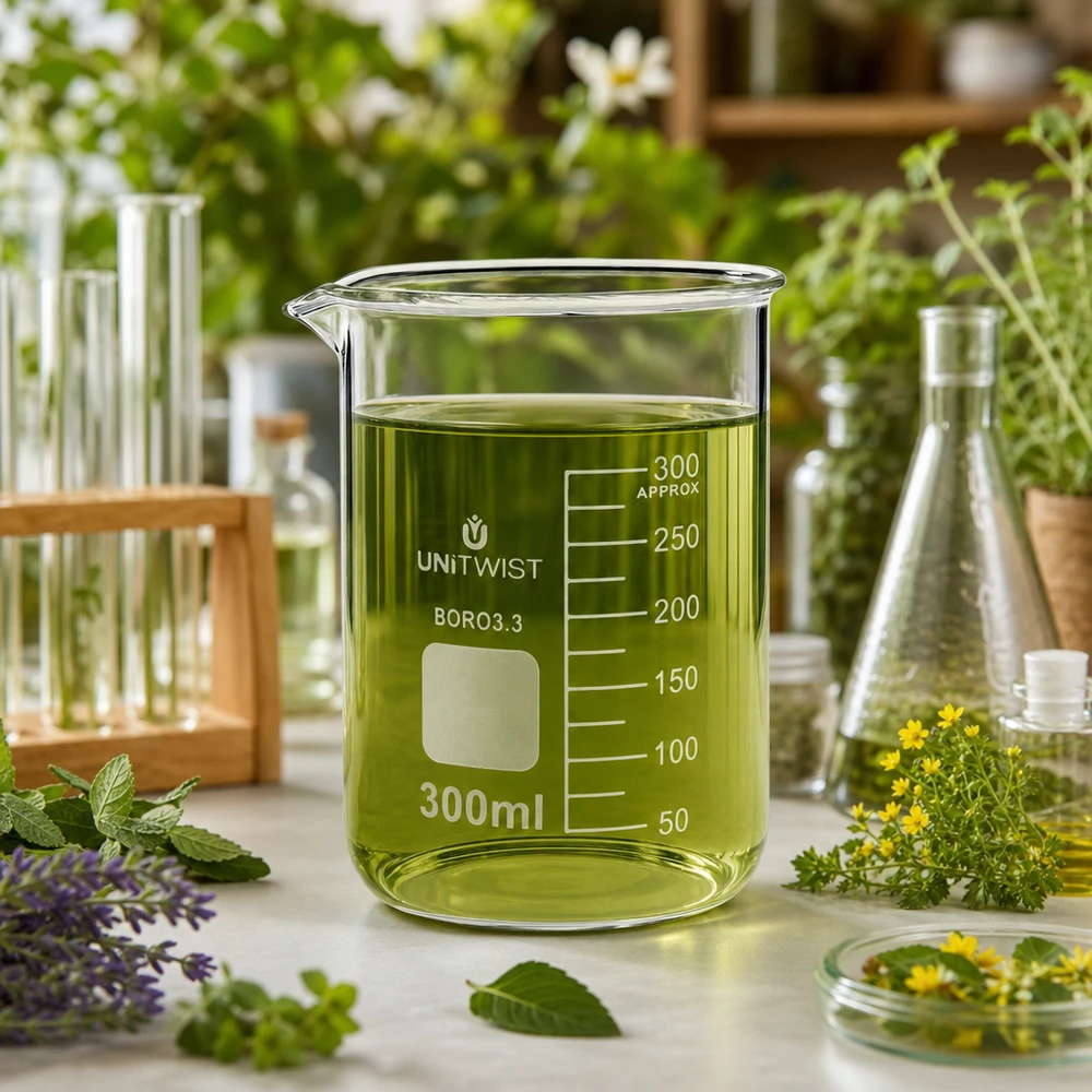 Bicchiere da laboratorio UNiTWIST da 300 ml con estratto di erbe verde circondato da erbe medicinali fresche in laboratorio