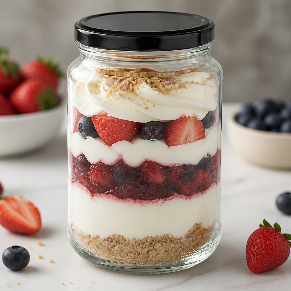 Vaso rotondo da 375 ml con coperchio BasicSeal nero UNiTWIST. Bicchiere rotondo da 375 ml con coperchio nero come bicchiere da dessert per trifle ai frutti di bosco mostra l'uso creativo come bicchiere da porzione