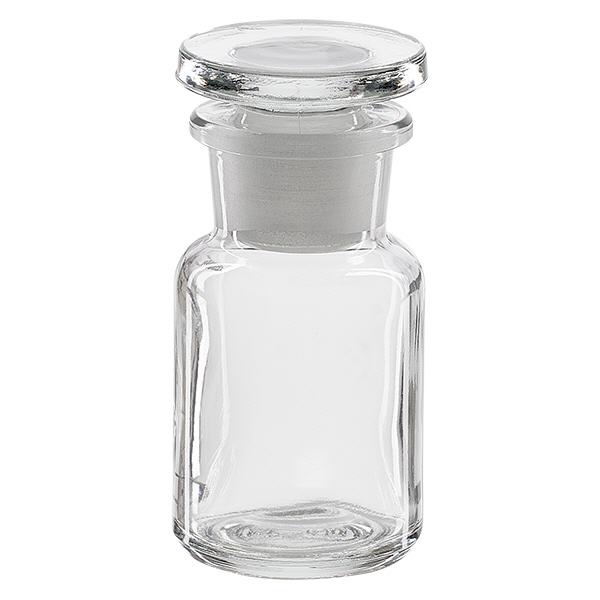 Bottiglia a spalla tonda 50ml chiara a collo largo in vetro con tappo Bottiglia a spalla tonda 50ml chiara a collo largo in vetro con tappo