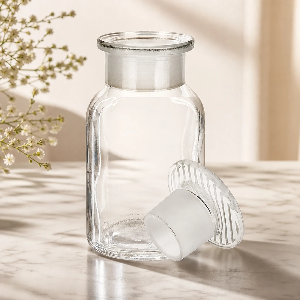 Bottiglia a spalla tonda 100ml trasparente a collo largo con tappo in vetro Fiaschetta a spalla arrotondata da 100 ml, a collo largo, con tappo in vetro opaco trasparente, per campioni di laboratorio