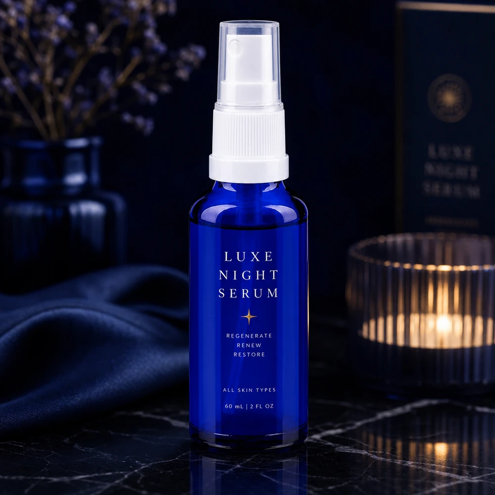 Flacone spray in vetro da farmacia blu da 60 ml con erogatore bianco, utilizzato come confezione per un siero da notte su sfondo marmorizzato